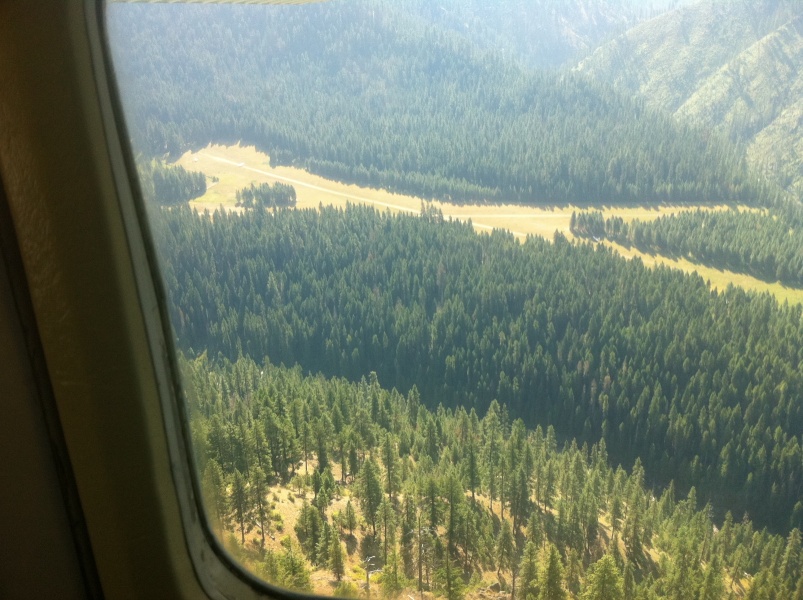 Scaled image Moose Creek airstrip in the Selway Bitterroot Wilderness viewed from downwind for runway 01 with a Maule just starting its takeoff roll on runway 22 (small white dot on upper left runway about even with corner for fence).jpg 